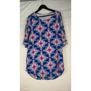 Tunic Dress Women Medium Blue Pink Good Geometric Medallion Roll Tab Sleeve